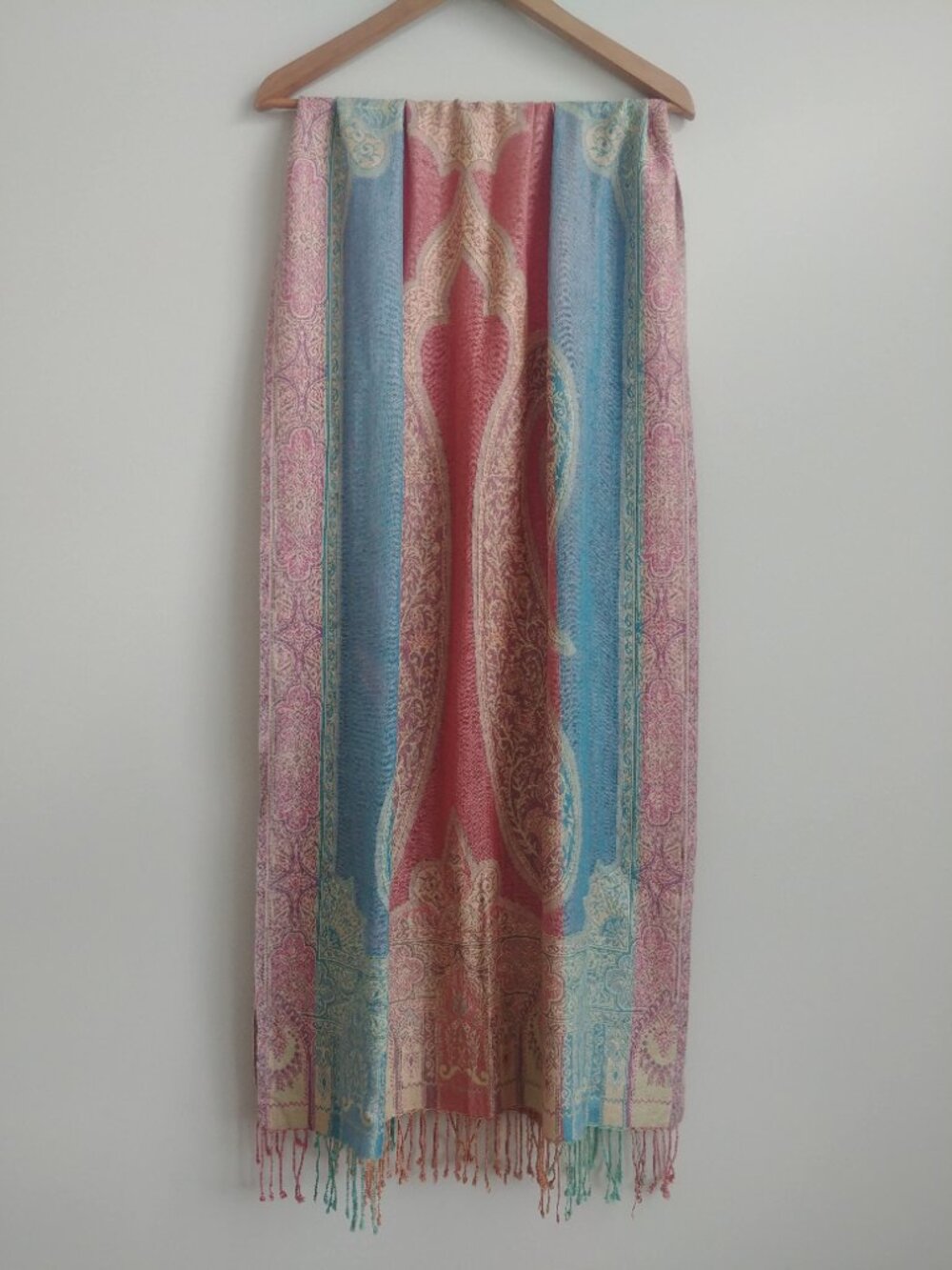 Large rectangular pink and blue soft pashmina scarf with fringe